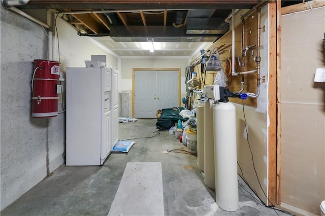 unfinished basement featuring white fridge with ice dispenser