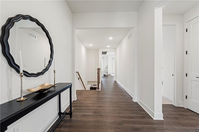 1602 NW 104th Ter, Kansas City, MO 64155 - corridor with recessed lighting, dark wood-style floors, an upstairs landing, and visible vents