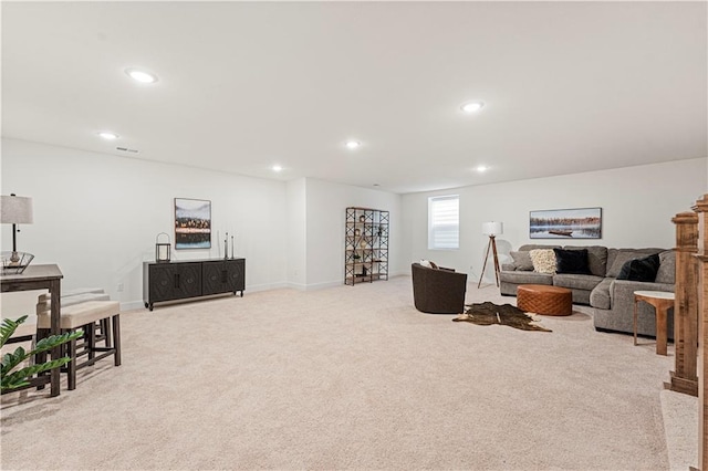 living room with light colored carpet