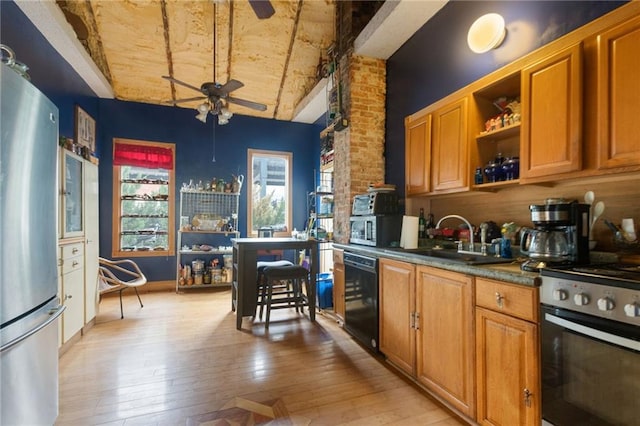 kitchen with light wood-type flooring, stainless steel appliances, ceiling fan, and sink