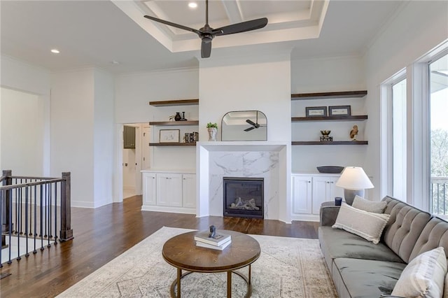 12300 S Hastings St, Olathe, KS 66061 - living room with dark wood-type flooring, plenty of natural light, ceiling fan, crown molding, and a premium fireplace