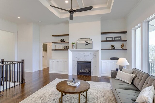 12300 S Hastings St, Olathe, KS 66061 - living room featuring dark wood-type flooring, healthy amount of natural light, ceiling fan, crown molding, and a fireplace