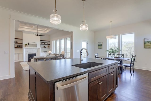12300 S Hastings St, Olathe, KS 66061 - kitchen featuring dishwasher, crown molding, dark wood-type flooring, a high end fireplace, and a ceiling fan