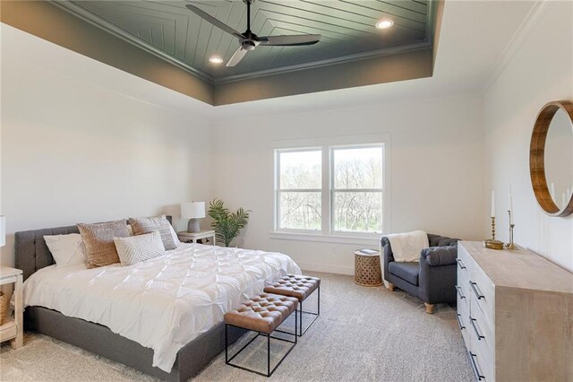 12300 S Hastings St, Olathe, KS 66061 - bedroom with crown molding, a tray ceiling, light colored carpet, recessed lighting, and a ceiling fan
