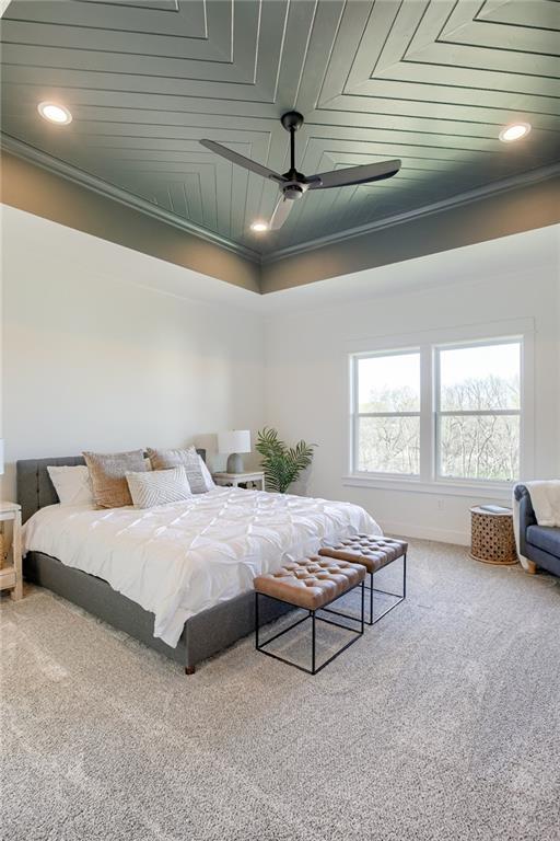 12300 S Hastings St, Olathe, KS 66061 - bedroom with crown molding, carpet, recessed lighting, and a ceiling fan