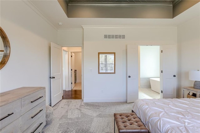 12300 S Hastings St, Olathe, KS 66061 - bedroom featuring light carpet, crown molding, and connected bathroom