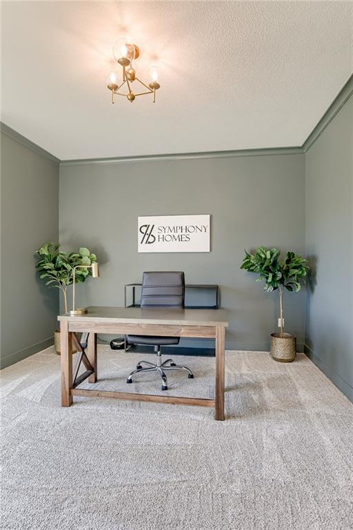 12300 S Hastings St, Olathe, KS 66061 - home office featuring carpet floors, ornamental molding, a chandelier, and a textured ceiling