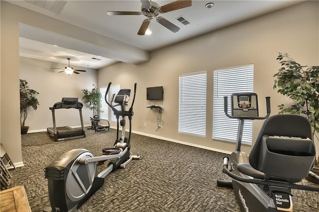 exercise room with carpet flooring and ceiling fan