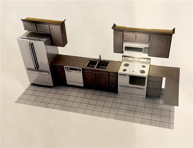 kitchen featuring dark brown cabinets, white appliances, and sink