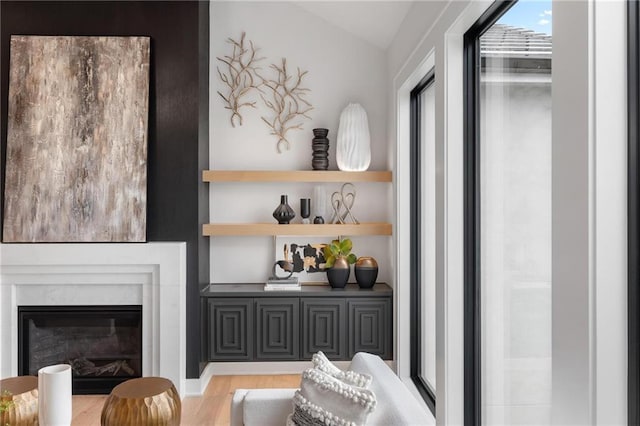 interior space with wood finished floors and a glass covered fireplace