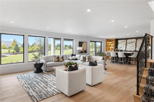 living room featuring light hardwood / wood-style floors and a wealth of natural light