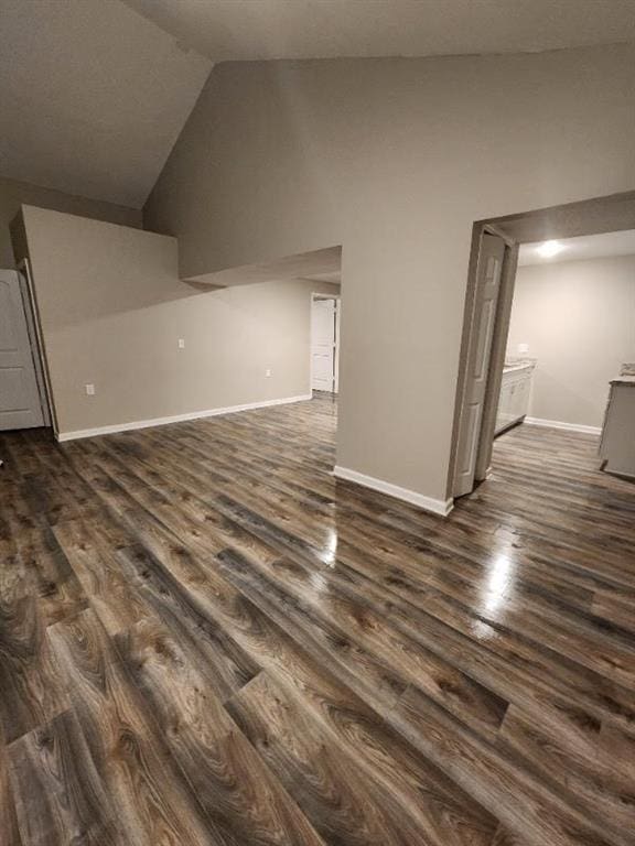 interior space featuring dark wood-type flooring and high vaulted ceiling