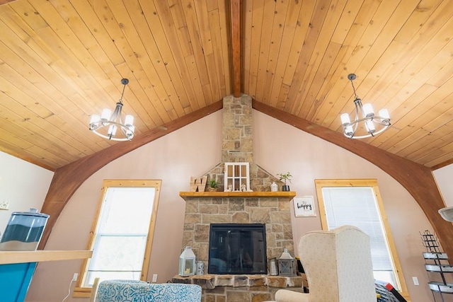 living room with lofted ceiling with beams, a chandelier, wood ceiling, and a stone fireplace