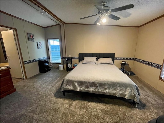 bedroom featuring ceiling fan, vaulted ceiling, a textured ceiling, and carpet flooring