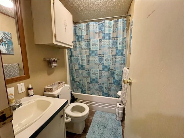 full bathroom featuring a textured ceiling, toilet, shower / bath combination with curtain, tile patterned floors, and vanity