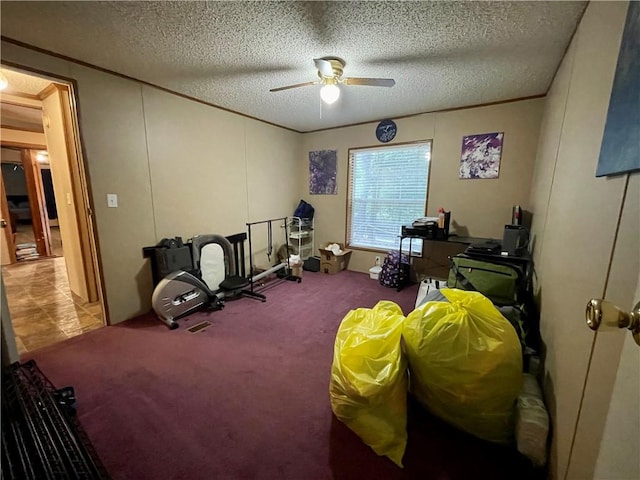 misc room with a textured ceiling, ceiling fan, and carpet floors