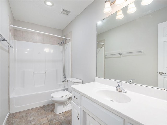 bathroom with visible vents, shower / tub combination, vanity, and toilet