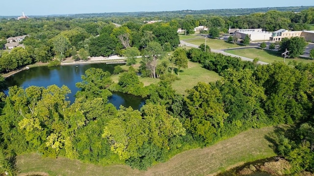 birds eye view of property featuring a water view and a wooded view