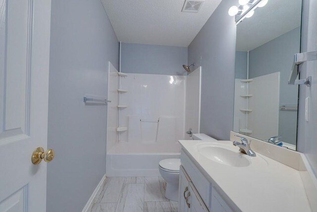 full bathroom with shower / bathtub combination, toilet, vanity, visible vents, and marble finish floor