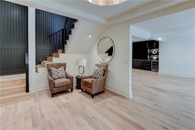 2207 W 71st St, Prairie Village, KS 66208 - sitting room featuring wood finished floors, stairway, baseboards, and recessed lighting