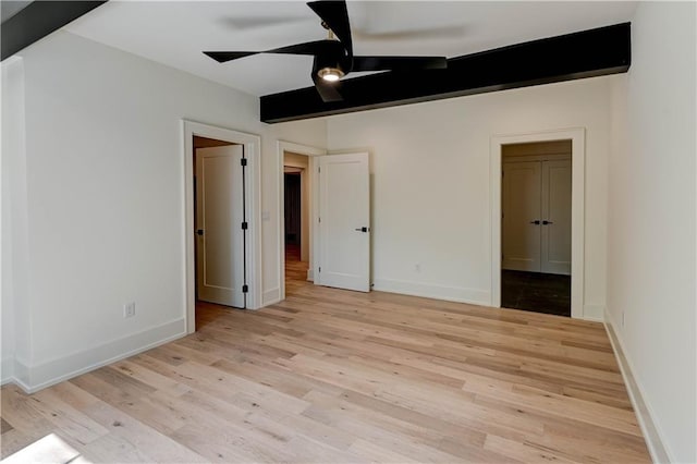 2207 W 71st St, Prairie Village, KS 66208 - unfurnished bedroom featuring light wood finished floors, baseboards, a spacious closet, and a ceiling fan