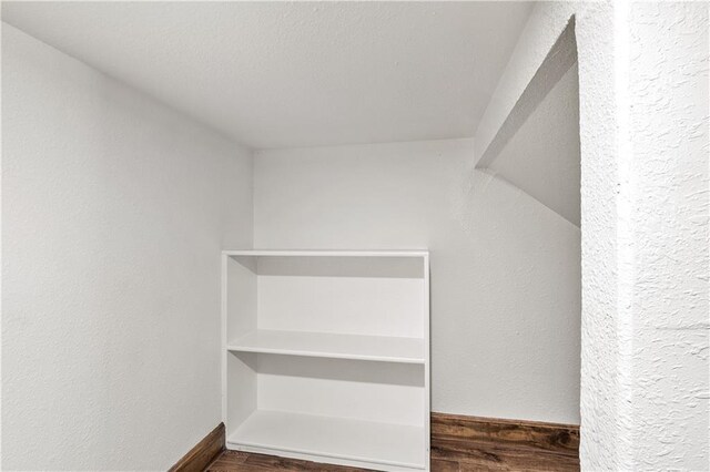 walk in closet with dark hardwood / wood-style floors