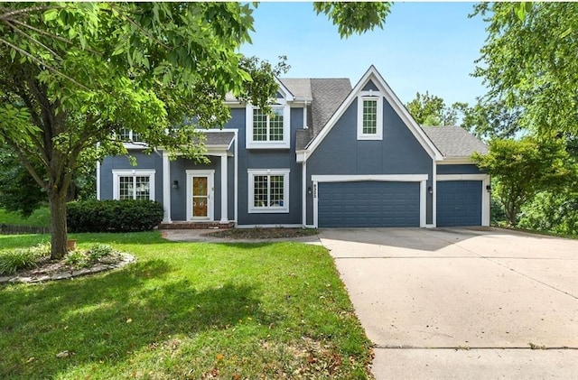 view of front of property featuring an attached garage, a shingled roof, driveway, stucco siding, and a front lawn