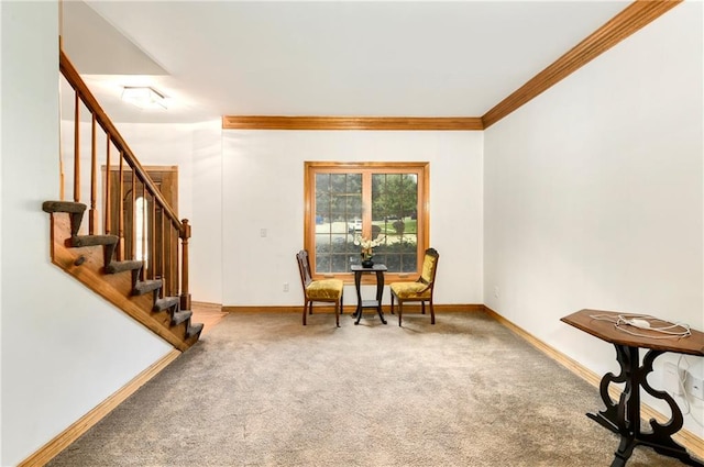 sitting room with ornamental molding and carpet floors