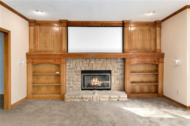 unfurnished living room with ornamental molding, a textured ceiling, a fireplace, and light colored carpet