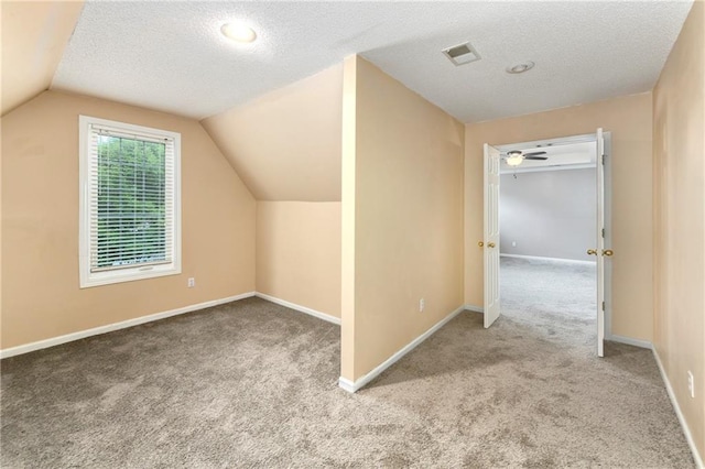 additional living space featuring light carpet, a textured ceiling, and vaulted ceiling