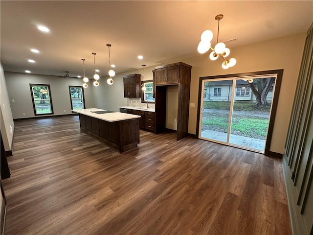 kitchen featuring plenty of natural light, dark hardwood / wood-style floors, and a kitchen island