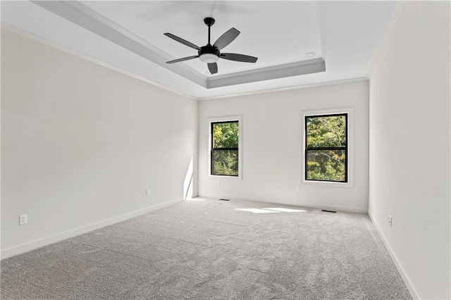 empty room featuring carpet, ornamental molding, ceiling fan, and a tray ceiling