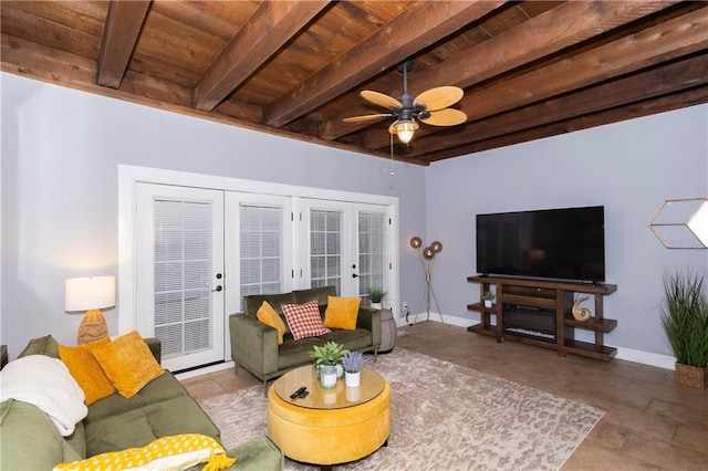 tiled living room with ceiling fan, wood ceiling, french doors, and beamed ceiling