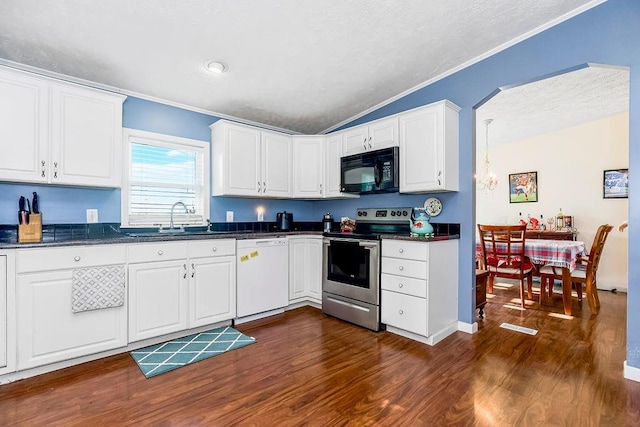 kitchen featuring lofted ceiling, dark hardwood / wood-style floors, stainless steel electric range, and white dishwasher