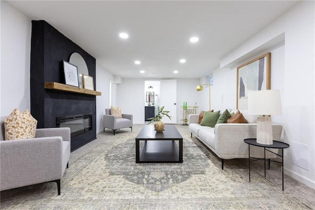 living room with a fireplace