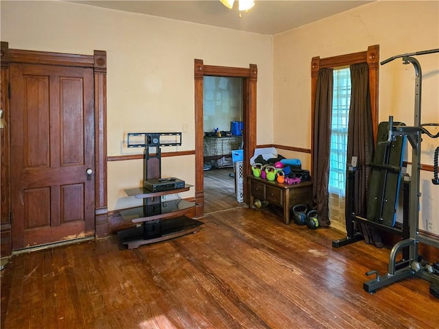 workout area featuring dark wood-type flooring