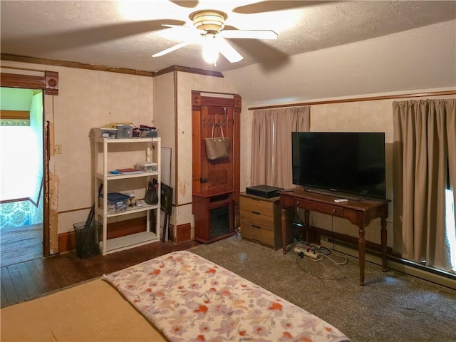 bedroom featuring ceiling fan, vaulted ceiling, and a textured ceiling