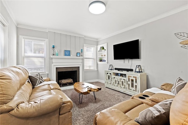 carpeted living room featuring a fireplace and crown molding