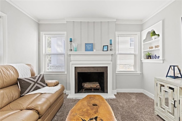 carpeted living room with crown molding and a wealth of natural light