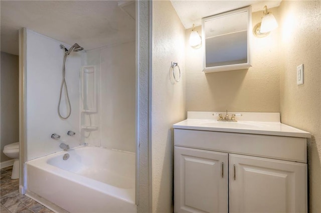 full bathroom with vanity, toilet, bathtub / shower combination, and tile patterned floors