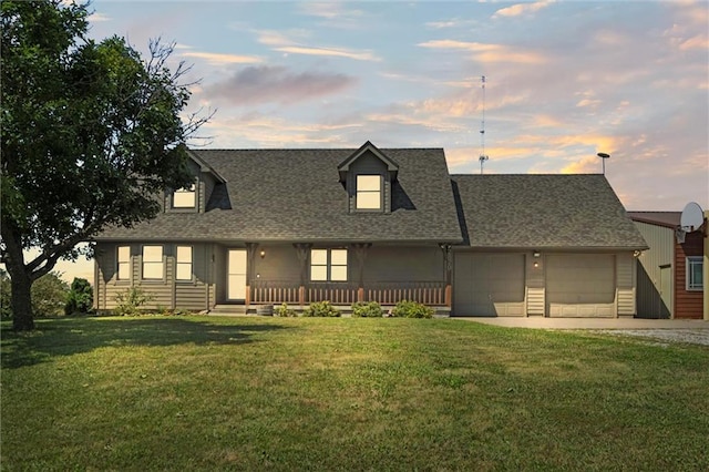 cape cod home with a garage, a porch, and a yard