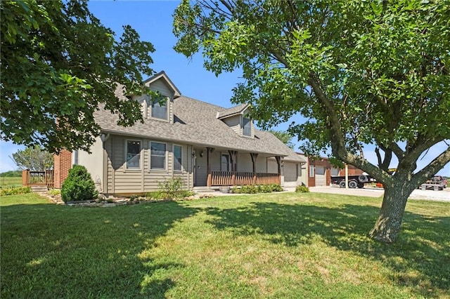 cape cod house featuring covered porch and a front lawn