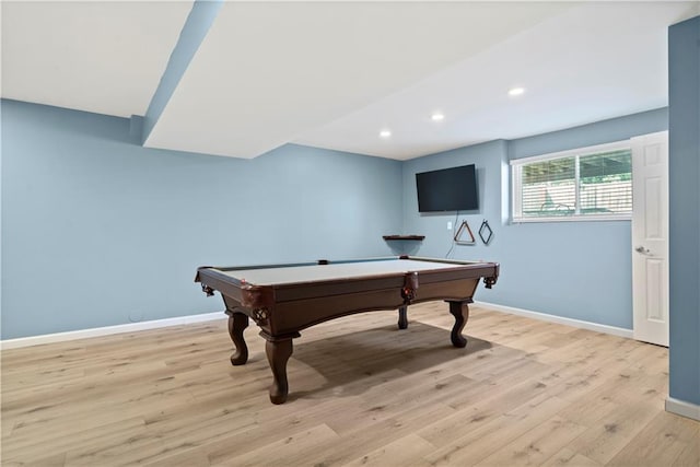 game room with baseboards, pool table, recessed lighting, and light wood-style floors