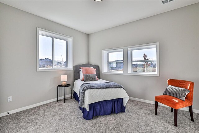 bedroom with light colored carpet