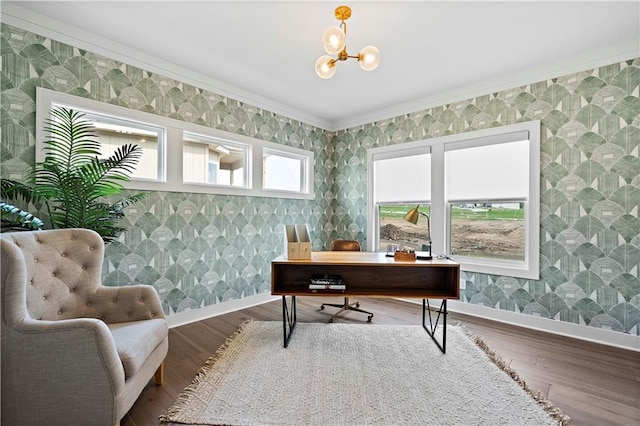 office space with crown molding, a healthy amount of sunlight, and wood-type flooring