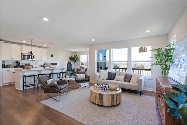 living room with a healthy amount of sunlight and dark hardwood / wood-style floors