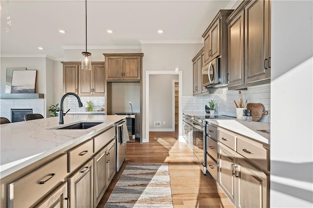 kitchen with sink, light hardwood / wood-style flooring, appliances with stainless steel finishes, ornamental molding, and decorative light fixtures