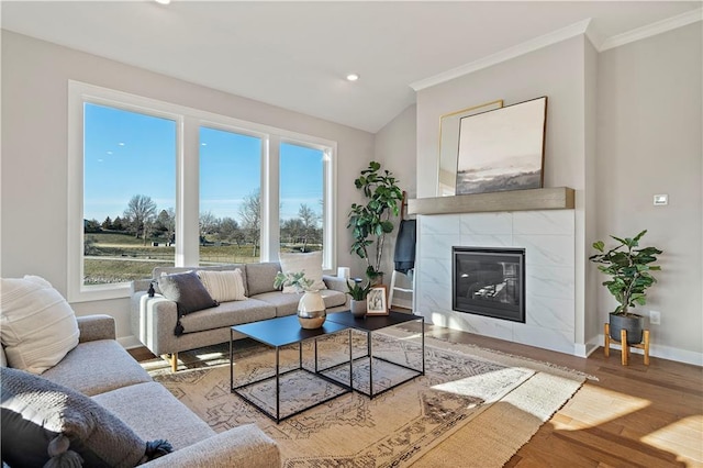 living room featuring hardwood / wood-style flooring, a high end fireplace, and crown molding