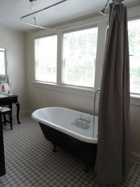 full bathroom with baseboards, a freestanding bath, and ornamental molding