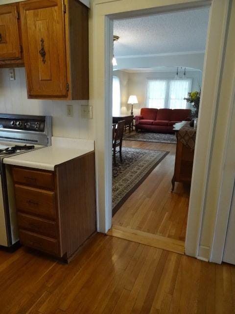 kitchen featuring stove, wood finished floors, open floor plan, light countertops, and brown cabinets